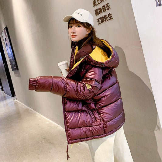 Winter Ins Style Bright Down Cotton Jacket Fashion Casual Hooded Jacket Loose and Versatile Women's Cotton Jacket