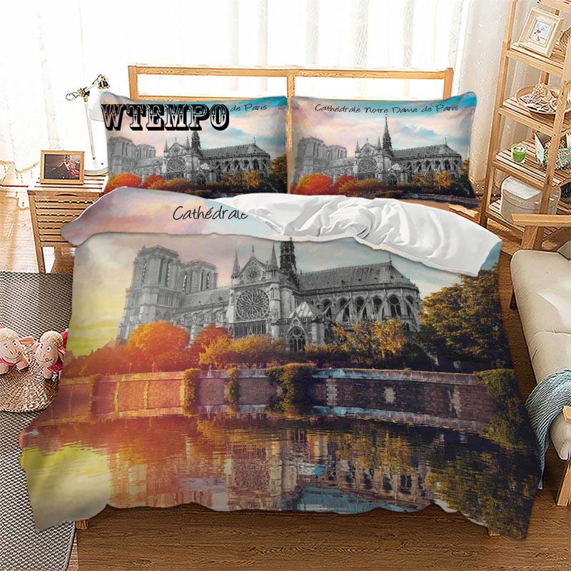 3pcs Duvet Cover Sets 3D Gold Silk Embroidery Notre Dame De Paris  Bedding Set Bedding Bedclothes