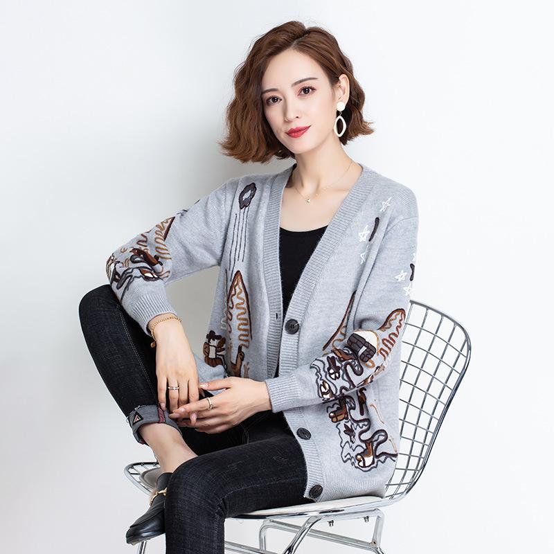 Autumn and Winter Printed Cardigan Women's Plus Size Casual Sweater Coat High-end Wool Sweater