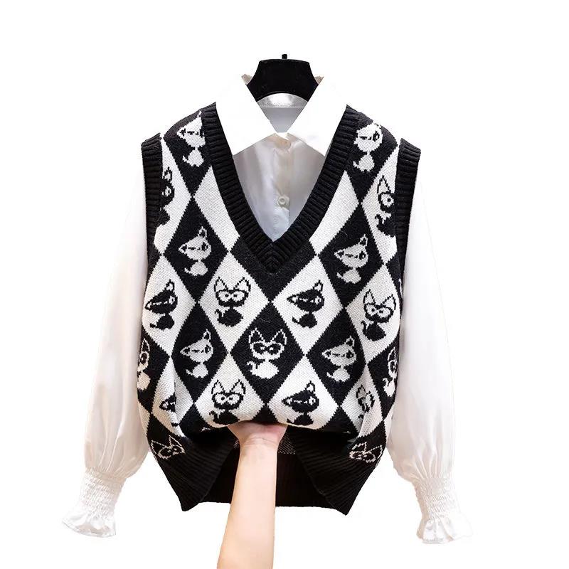 Autumn and Winter Diamond Plaid Retro Sweater Vest Knit Sweater Women's Vest Cartoon Loose V-neck Waistcoat Vest