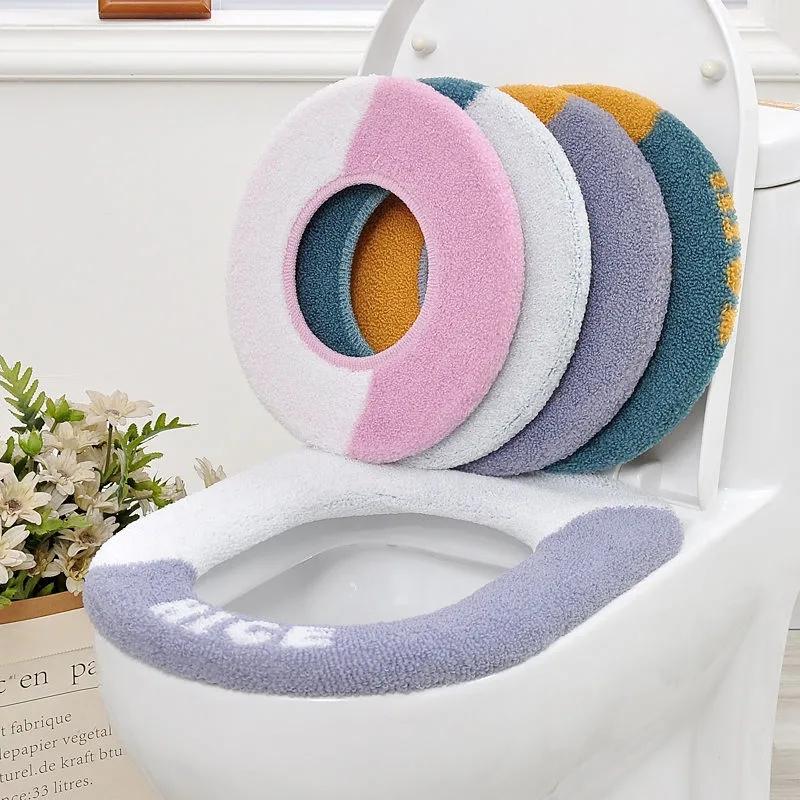 2 Pcs Toilet Seat Covers Mat Winter Thickened Fleece Warm Toilet Cushion Soft Washable Home Bathroom Lavatory Nordic Toilet Seat Pad with Handle