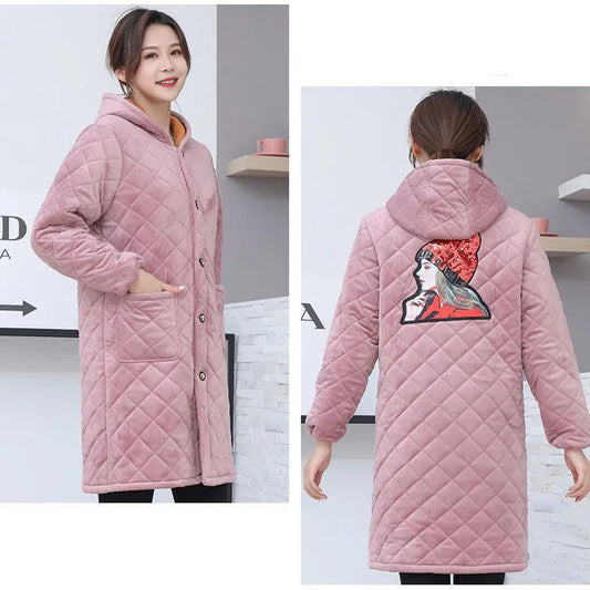 Women's Three-layer Thickened Hooded Cotton Coat Outerwear Winter Mid-length Plaid Sequins jacket Loose Home Wear Pregnancy Clothing