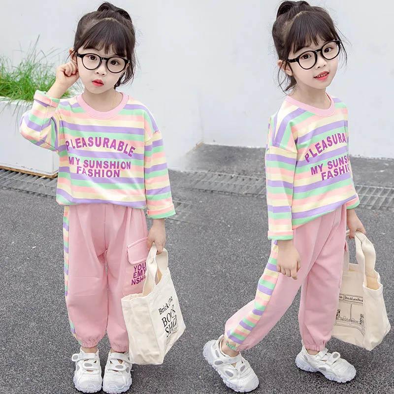 Girls Spring and Autumn Clothes Comfortable Loose Long Sleeves + Casual Pants Suits Girls Baby Color Stripes Cute Two-piece Set