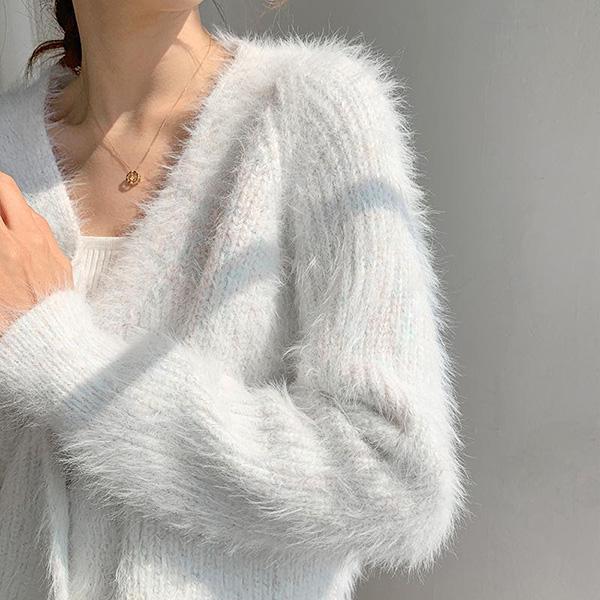 Autumn and Winter Imitation Mink Short Coat Long-sleeved Knitted Cardigan Long-haired Solid Color V-neck Sweater