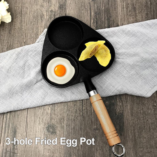 3-hole Fried Egg Pot with Wooden Handle Thickened Nonstick Cast Iron Frying Flat Pan 14.96x7.87 Inches