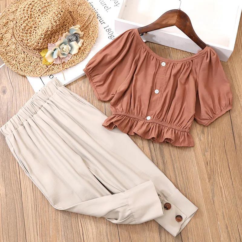 Girls' Suits Summer Children's Girls Korean Version of Thin Solid Color Fashionable Short Sleeve Two-piece Suit