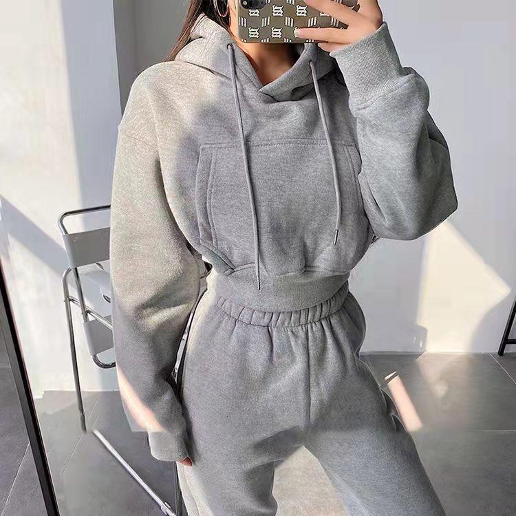 2PCS Tracksuits for Grils Hooded Short Pocket Fleece Sweater Korean Version High Waist Loose Leggings Sweatpants Suit Two-piece Set