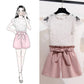 Women Thin High Quality O-Neck Cotton Lace T-Shirt+High Waist Elastic Shorts Two Piece Set