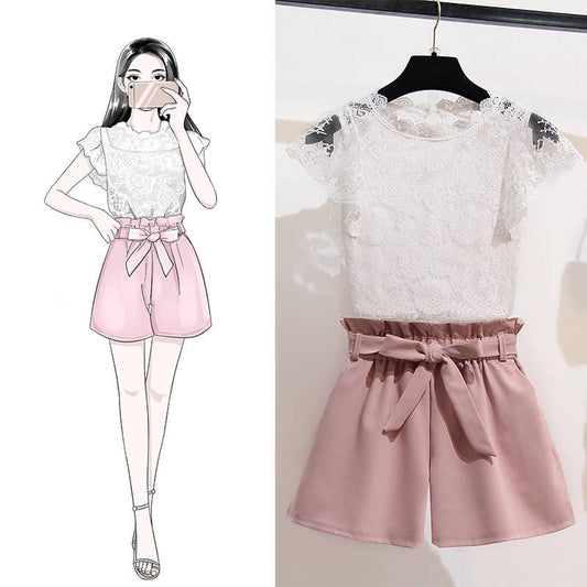 Women Slim High Quality O-Neck Cotton Lace T-Shirt+High Waist Elastic Shorts Two Piece Set