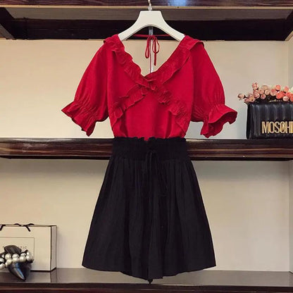 Women Irregular T-Shirt Solid Skirts Suits Fold Backless Tops Vintage Holiday Skirt Sets for Elegant