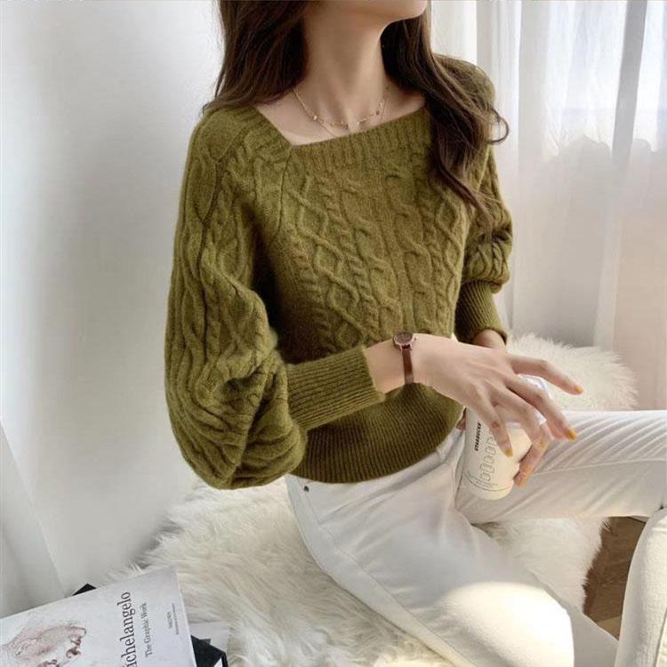 Women's Spring and Autumn Long Sleeve Casual Square Neckline Sweaters Plus Size Solid Color Versatile Loose Knitted Tops