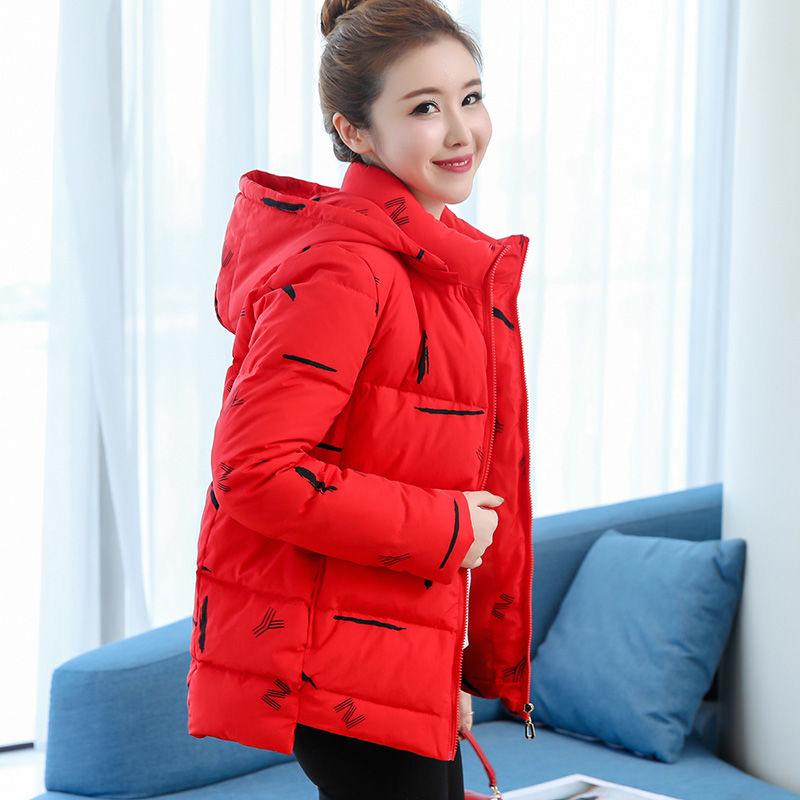 Women Winter Hooded  Jacket Short Cotton Padded Ladies Plus Size  Coat Print Thicken Warm  Parka Stand Collar