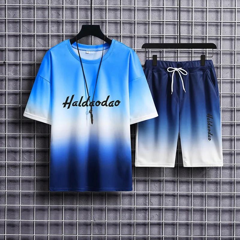 Summer Casual Sports Men's Short-sleeved Shorts Two-piece Men's Youth Gradient T-shirt