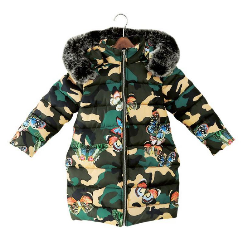 Winter Girls Camouflage Cotton Jacket Children Plus Velvet Thick Butterfly Print Hooded Winter Mid-length Warm Down Jackets