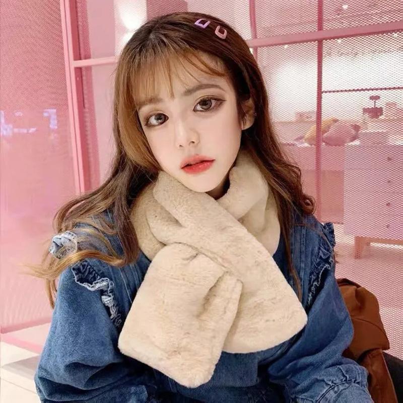 Women's Korean Style Cute Plush Faux Rex Rabbit Fur Blend Scarf Autumn and Winter Bib Pullover Solid All Match Scarf Soft Cross Neck Bib Neckerchief