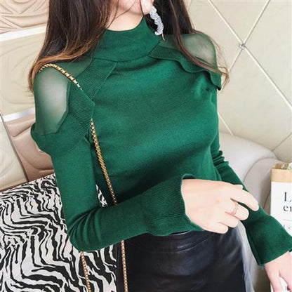 Mesh Stitching Half Turtleneck Top Long Sleeve Knit Pullover Sweater Slim Bottoming Shirt