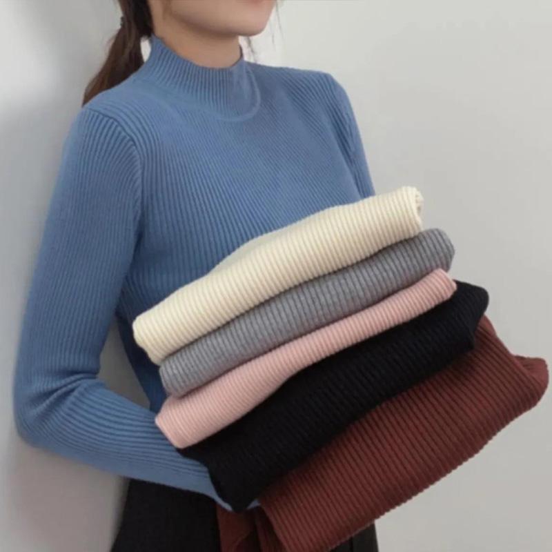 Winter Women's Sweaters Thickened Half High Neck Pullover Sweater Bottoming Shirt Ladies All-match Slim Tight Knit Sweater