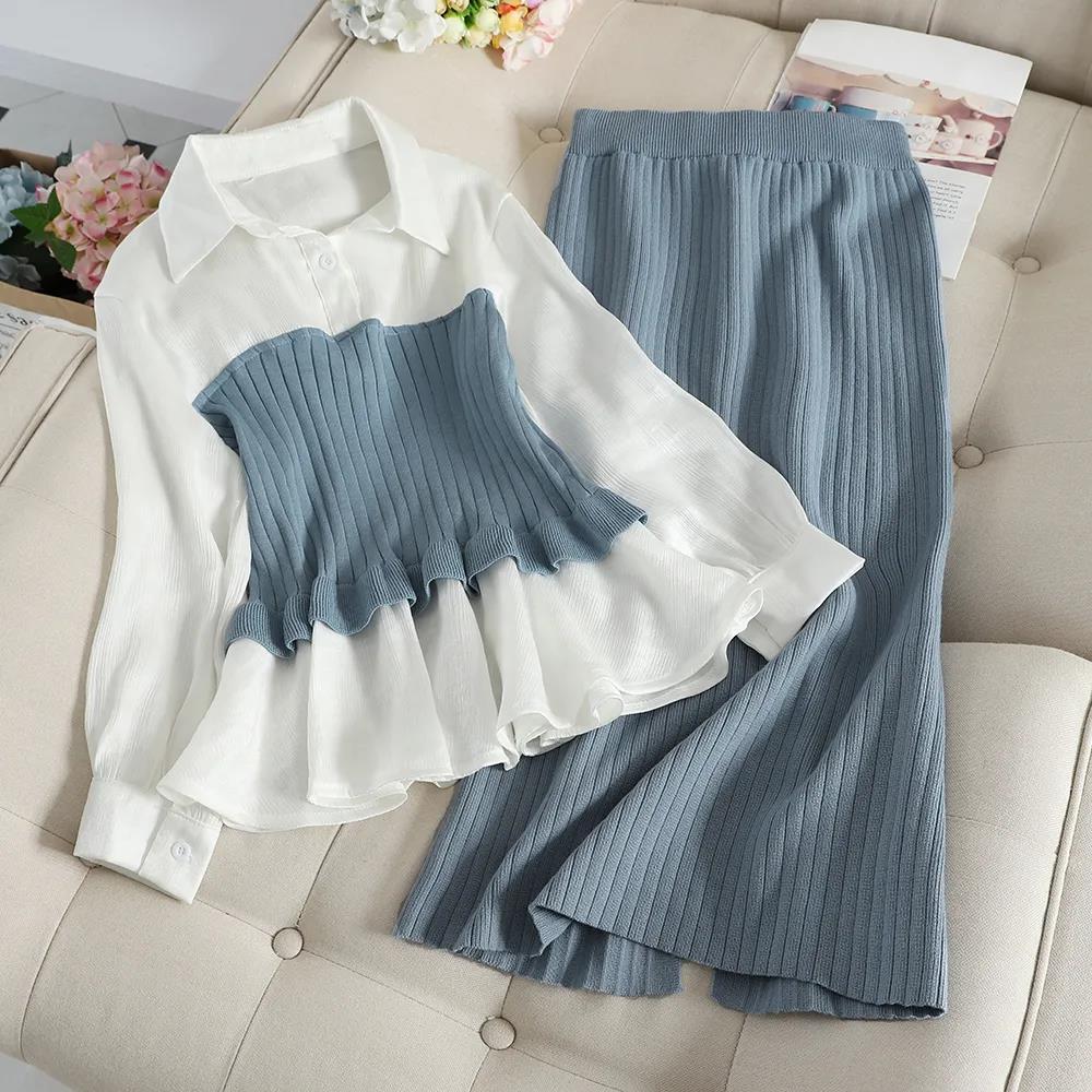 Two-piece Suit Women Autumn and Winter Korean Style Slim Fashion Knit Bottoming Sweater Skirt Student Suit