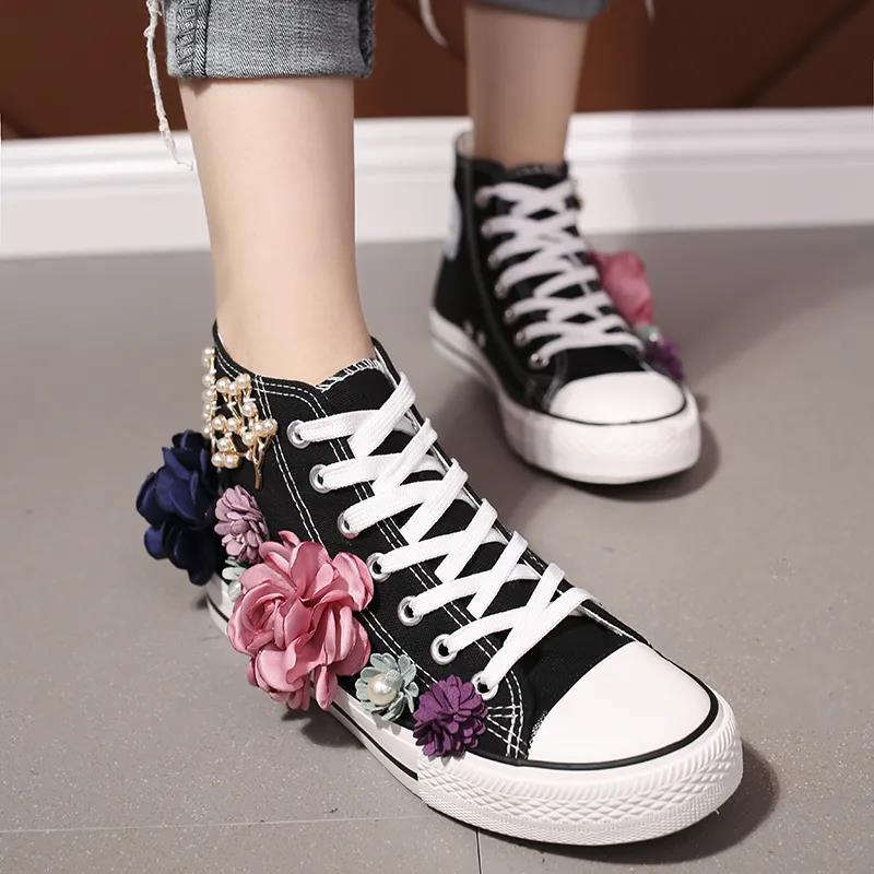 Popular Canvas Shoes Small White Shoes Women's High-top Handmade Custom Three-dimensional Flower Pearl Flat Casual Student Shoes