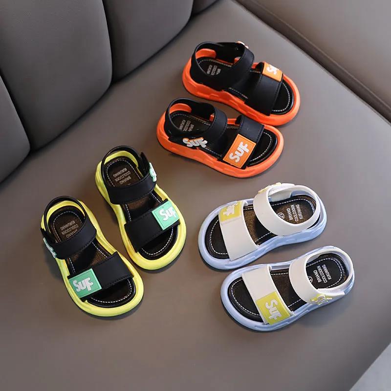 Kids Sandals Boys Girls Summer Soft Sole Casual Sandals Little Kids Anti-slip Letter Beach Flat Sandals