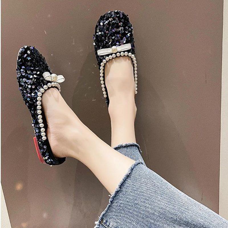 Sequined Baotou Half Slippers Women's Outer Wear Summer Shallow Mouth Women's Shoes Grandma Shoes Soft Sole Peas Shoes