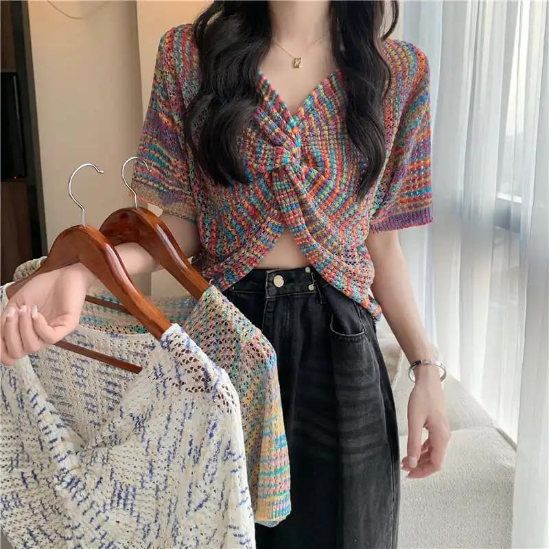 Knitted Short-sleeved Top Women's Summer Thin French Design Sense V-neck Kink Short Top Personality Trend Pullover Shirt Striped Colorful T-Shirt