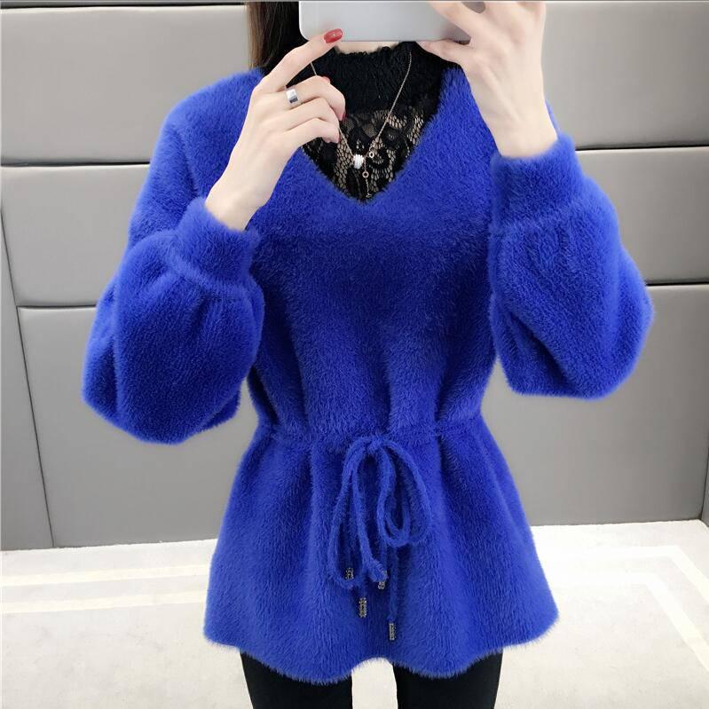 Casual Autumn Winter Lace Up Sweater Women Mohair Knitted Sweaters Warm Long Sleeve Pullover Sweater