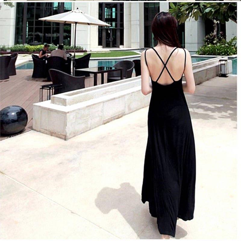 Pofulove Summer Spaghetti Strap Dress backless elastic cotton Long Maxi Dress beach party dress