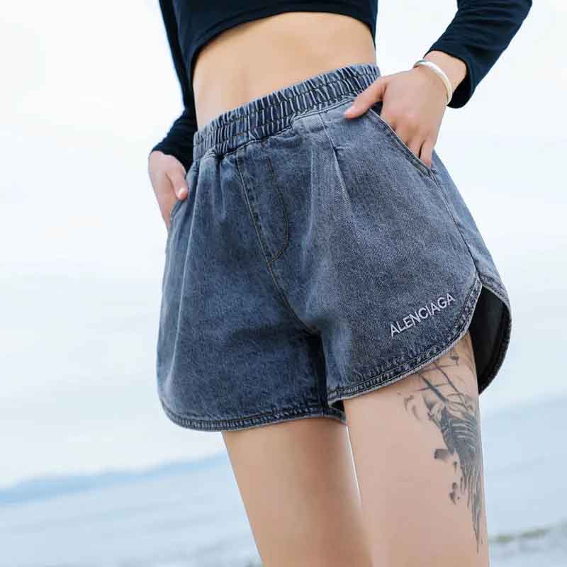 Denim Shorts Women's High Waist Wide Leg A-line All-match Large Size Thin Elastic Waist Loose