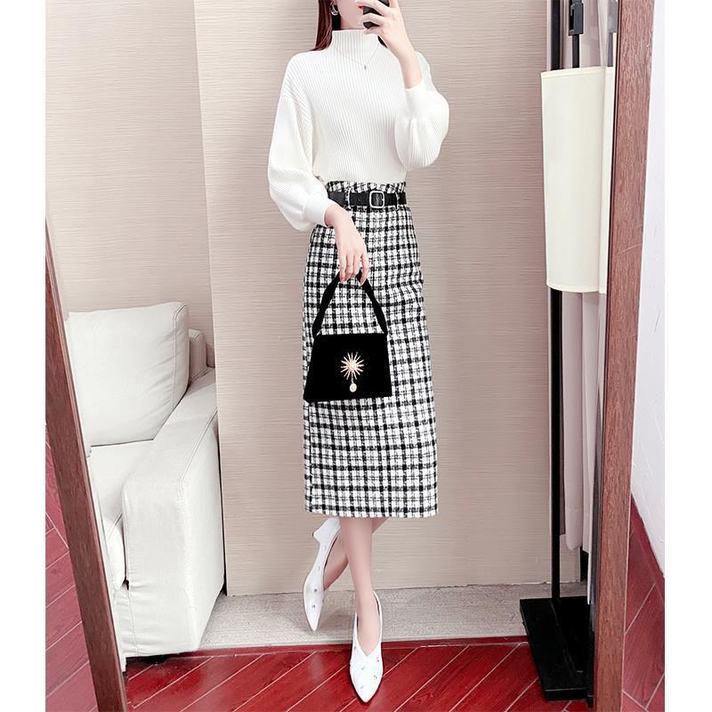 Women's Knitted Sweater Set High-neck Loose Pullover and High-waist Slim-fit Plaid Skirt Two-piece Set Ladies Outfits Autumn Winter