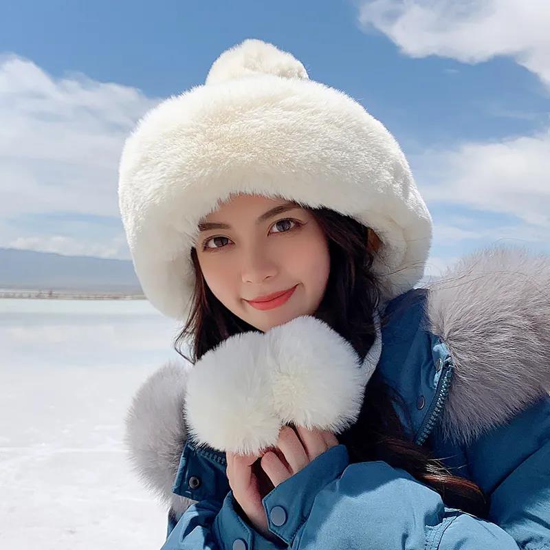 Winter Imitation Rabbit Fur Hat Women's Knitted Plush Wool Beanie Sweet and Cute Ear Protection Warm Hat