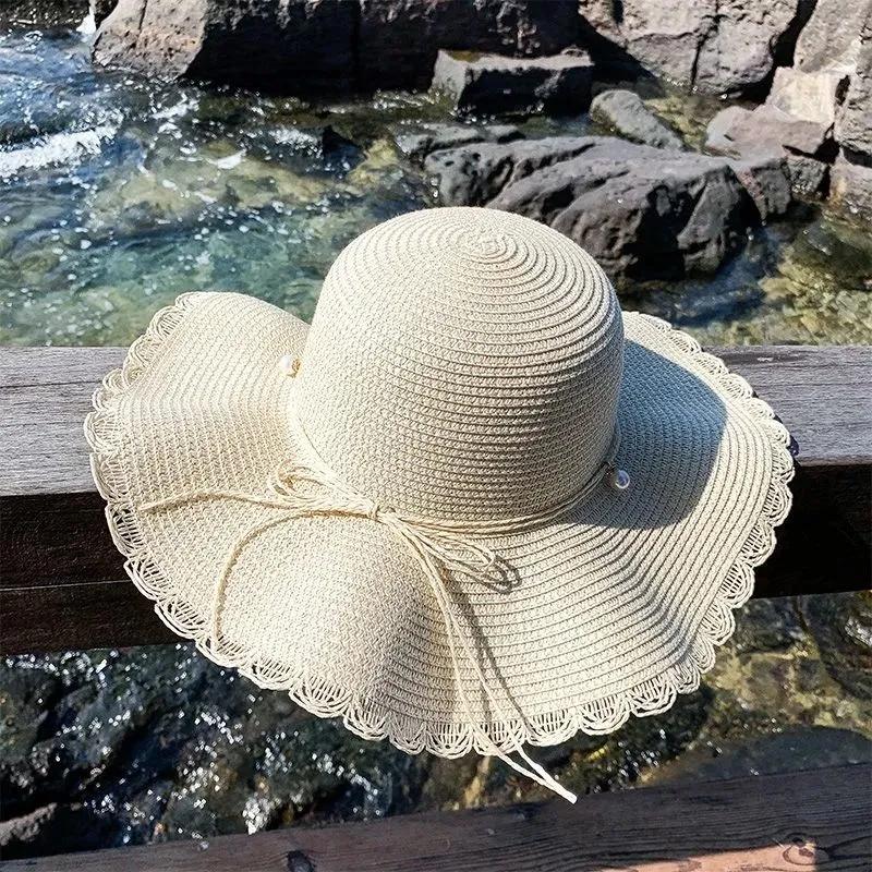 Women's Summer Pearl Wavy Straw Cap Wide Brim Hat Sunscreen Sun Hat Anti-ultraviolet Sun Cap Large Edge Beach Hat