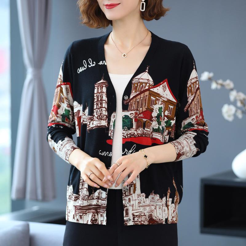 Autumn Winter Printed Cardigan Women's Plus Size Casual Sweater Coat High-end Wool Sweater