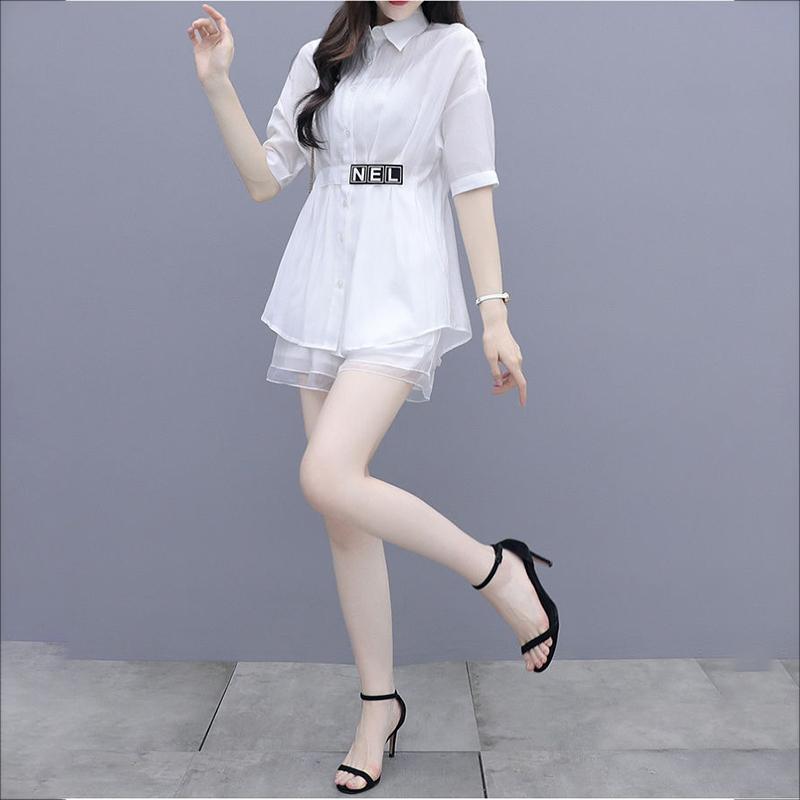 WTEMPO Solid Color Suit Women Shirt Elastic Waist Shorts Short Sleeves S-XXXL Casual Two-piece Suit