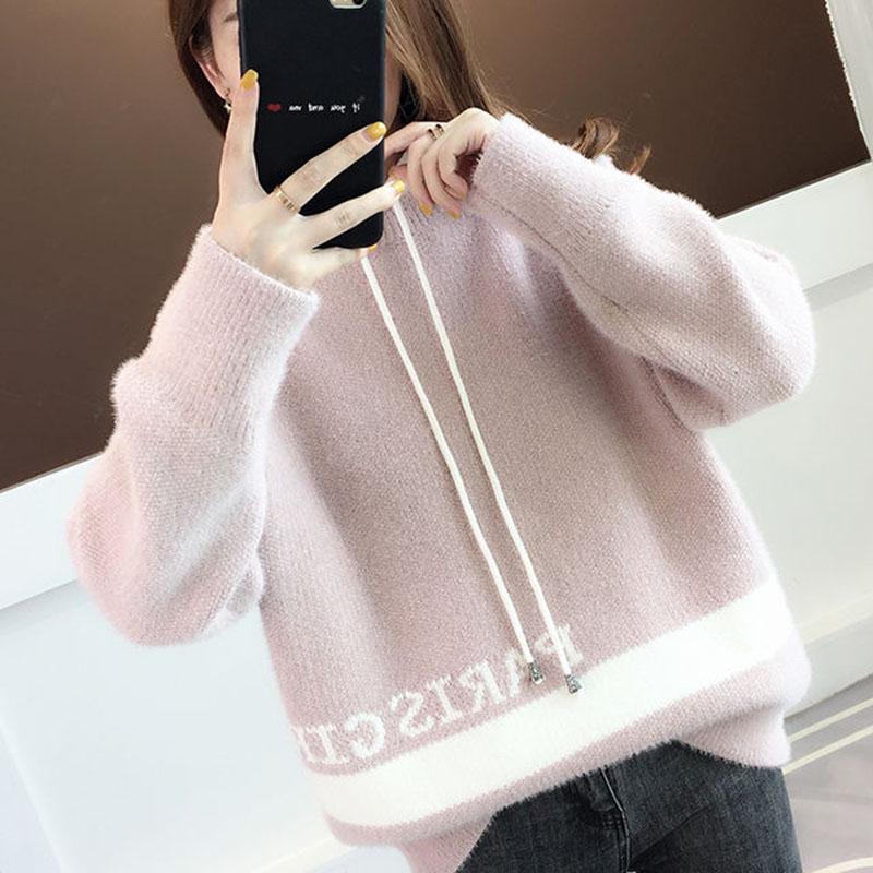 Autumn  Winter Faux Mink Fleece Hooded Sweater Women Loose Outer Wear Knit Pullover Thick Mohair Sweater Coat