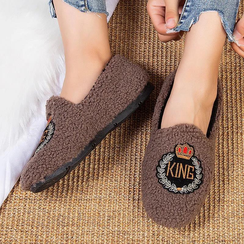 Peas Shoes Autumn and Winter Plus Fluffy Shoes Women's Flat-bottomed Warmth Casual Shoes Women's Moccasin Shoes Slip-on Lazy Shoes