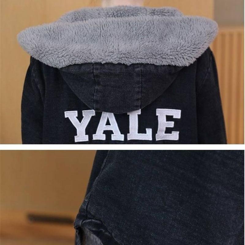 Women Flocking Denim Jacket Winter Ladies Mid-length Denim Parka Loose Plus Fleece Thick Hooded Coat