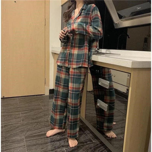 Women's Spring Autumn Simple Cotton Pajamas Long Sleeves Lapel Plaid Homewear Set Loose Comfortable Outwear Pajamas Female Sleeping Suit