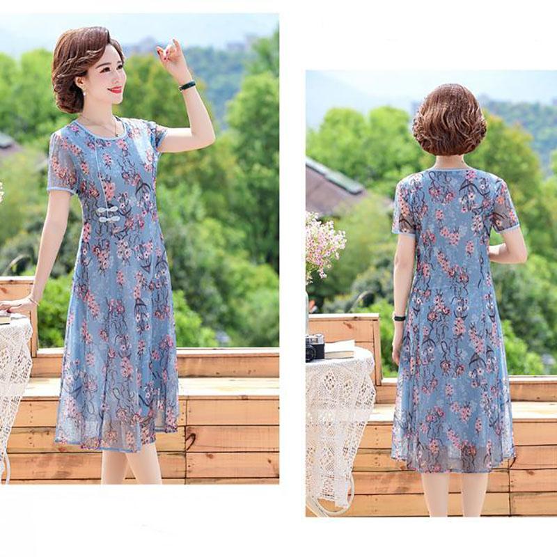 Mom Summer Dress Middle-aged and Elderly Women's Noble Mid-length Chiffon Over The Knee Summer Dress