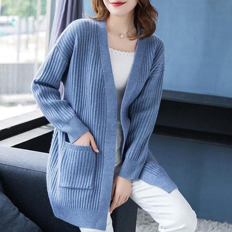 Autumn and Winter Cardigan Sweater Loose Casual Mid-length Top Clothes Solid Color Knitted Female Jacket