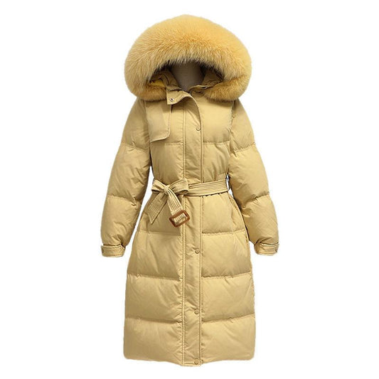 Winter Down Padded Jacket Over The Knee Long Large Fur Collar Waist Loose Thick Padded Jacket Women