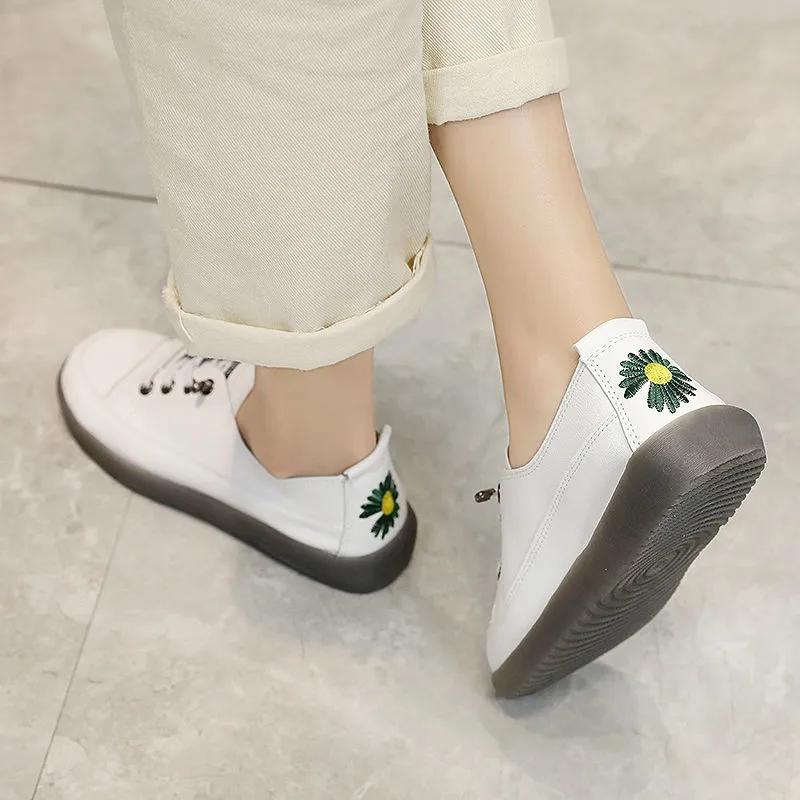 Daisy All-leather White Shoes Women's Spring All-match Beef Tendon Soft Bottom Slip-on Sneakers Student Single Shoes Ladies Casual Shoes