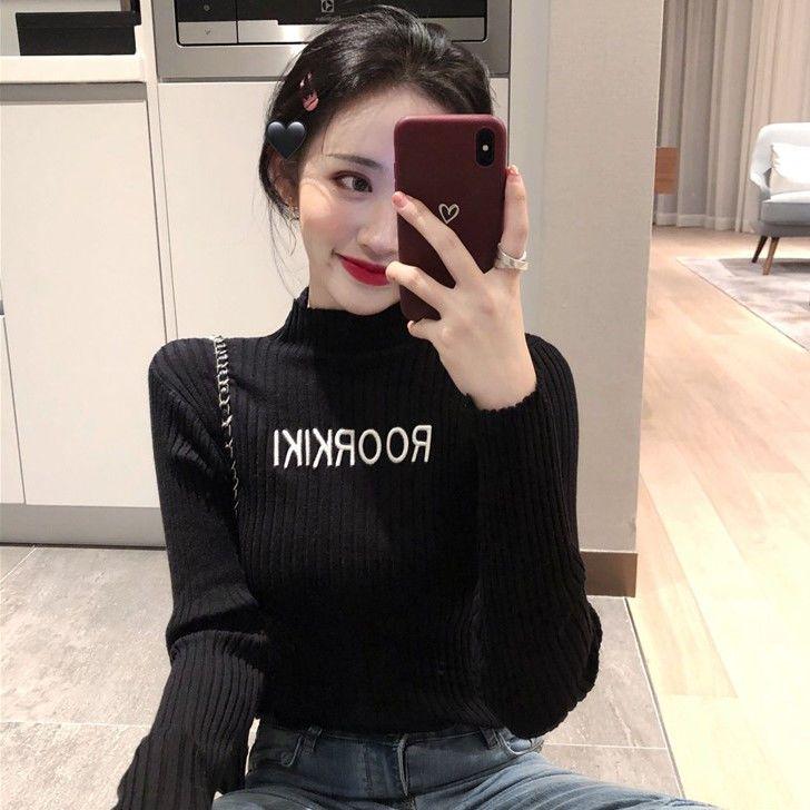 Pofulove temperament slim Sweater Fashion Long Sleeve Pullover Half Turtleneck Letter Sweater Knit