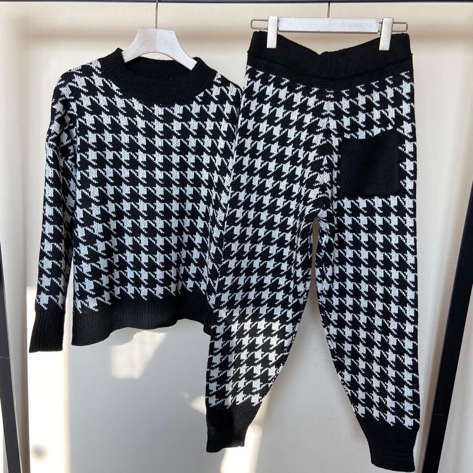 2pcs/set Women Knitted Tracksuit Houndstooth High Neck Sweater + Carrot Jogging Pants Pullover Sweater Set CHIC Knitted Outwear