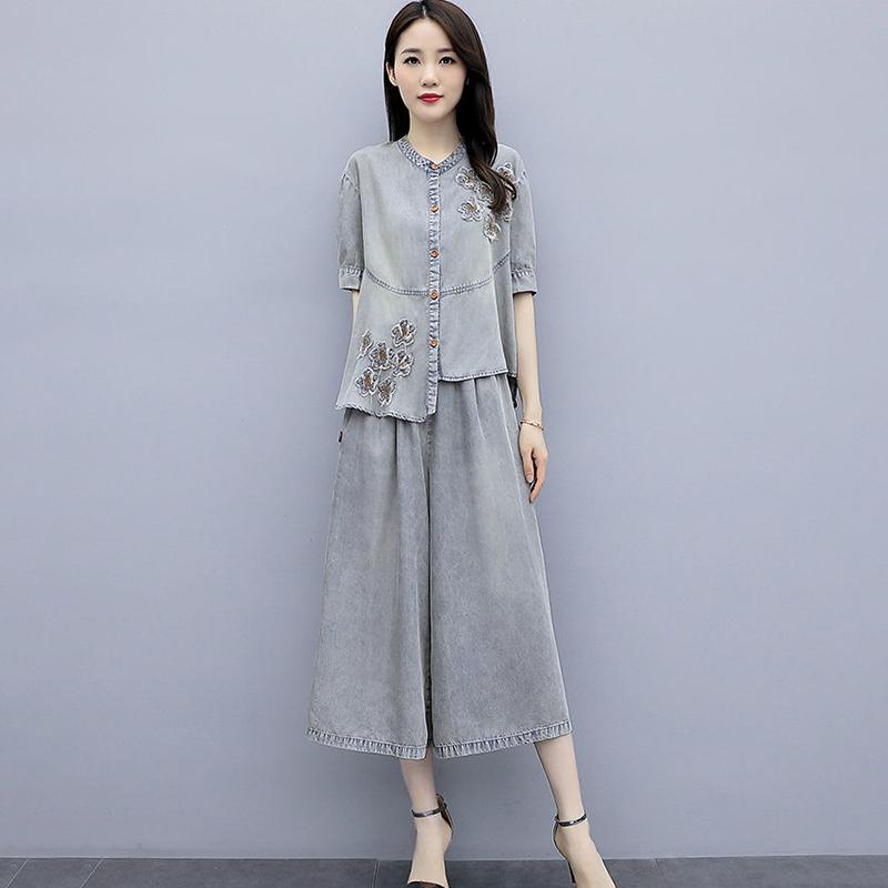 Women's Ethnic Style Denim Jacket Wide Leg Pants Two-piece Suit Chinese Style Temperament Denim Suit Embroidered Pattern Decoration