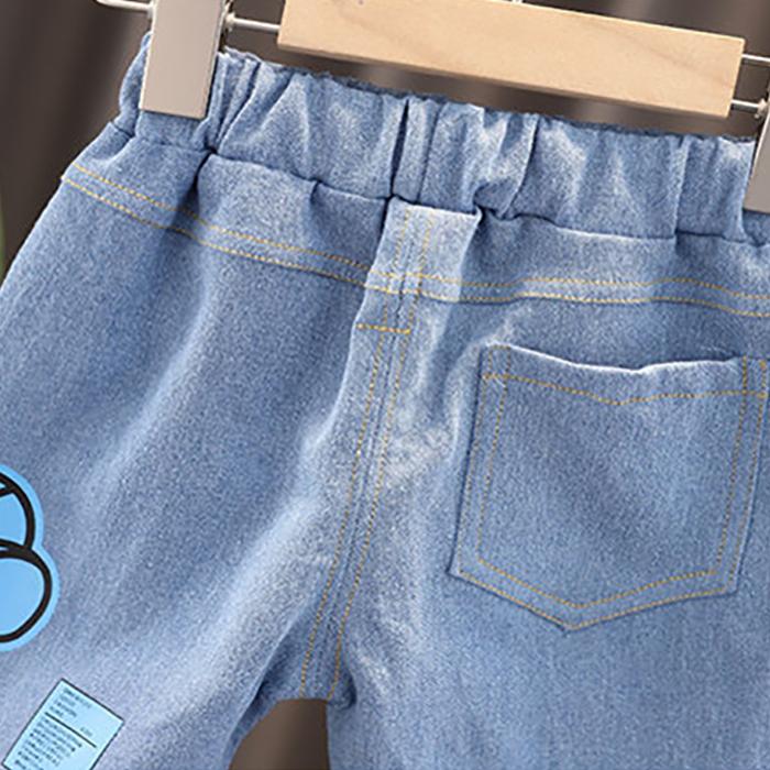 Children's Summer Boys Girls Short Sleeve Suit Casual Printed Bear Three-dimensional Pocket T-shirt Denim Shorts Two Piece Set