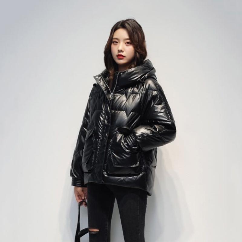 Women's Shiny Short Down Jacket Winter Korean Style Loose Quilted Jacket Casual Hooded Padded Jacket