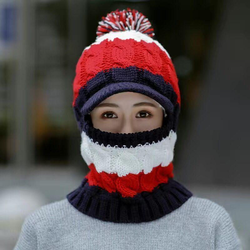 Autumn and Winter New Women's Cotton Hat Knitted Hat Warm and Velvet Thick Woolen Hat Windproof Cycling One-piece Hat