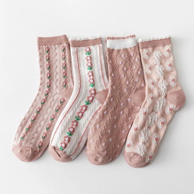 4 Pairs Women's Pink Socks Japanese Sweet Three-dimensional Jacquard Medium High Tube Stocking Spring Autumn Winter Comfortable Elastic Socks