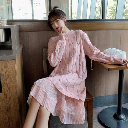 Sweater Dress Female Over-the-knee Base Skirt Mid-length Round Neck Pullover Long-sleeved Warm Sweater Lace Loose Sweet Wind